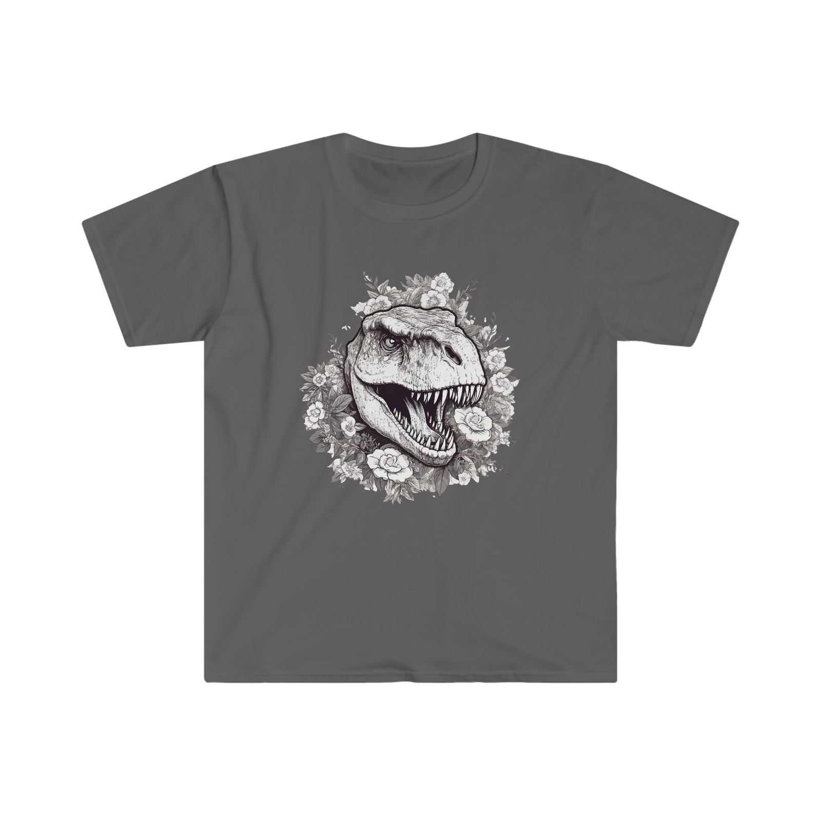 Silhouette Garden: Monochrome Dinosaur Floral T-Shirt