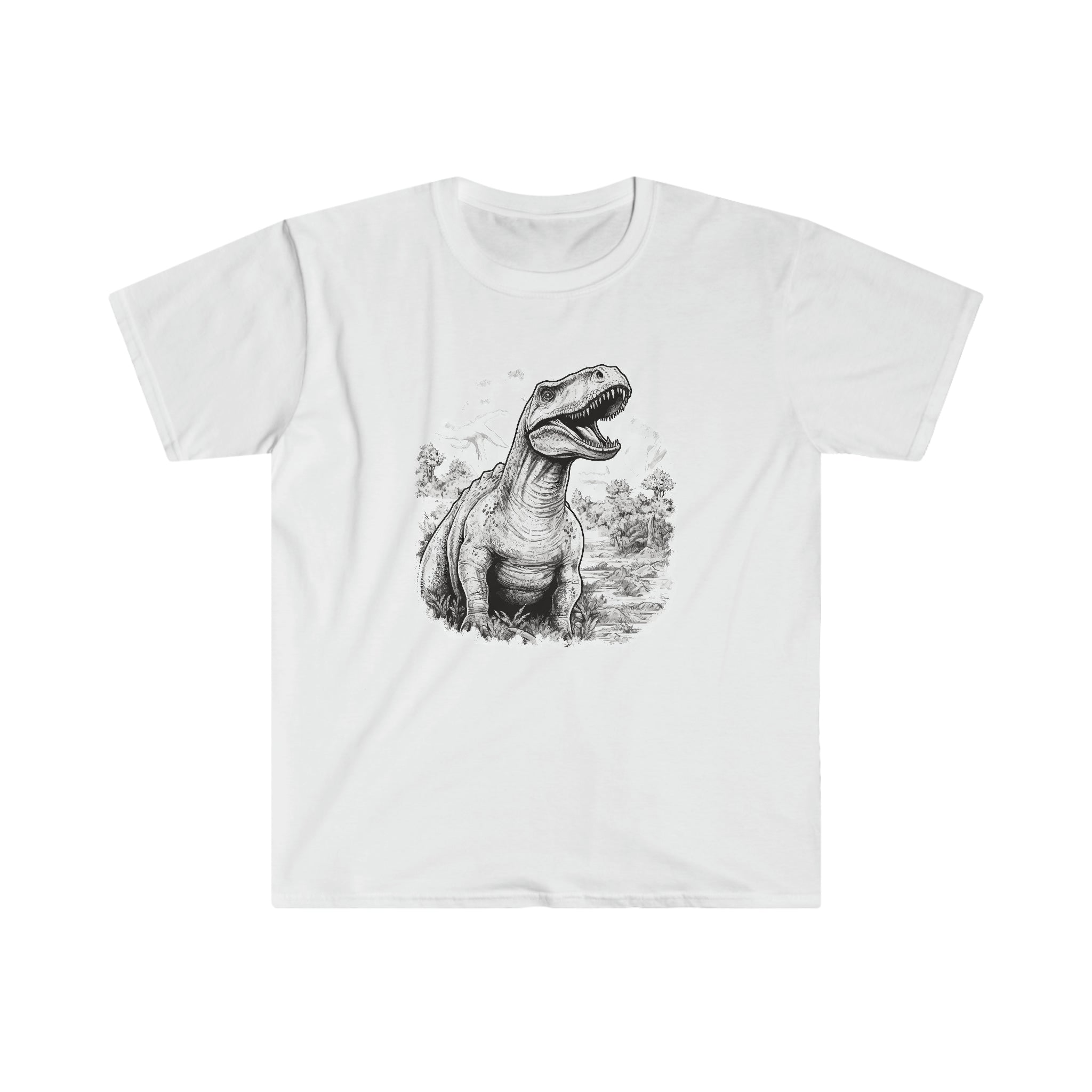 Greyscale Growl: Roaring Dinosaur Design Shirt