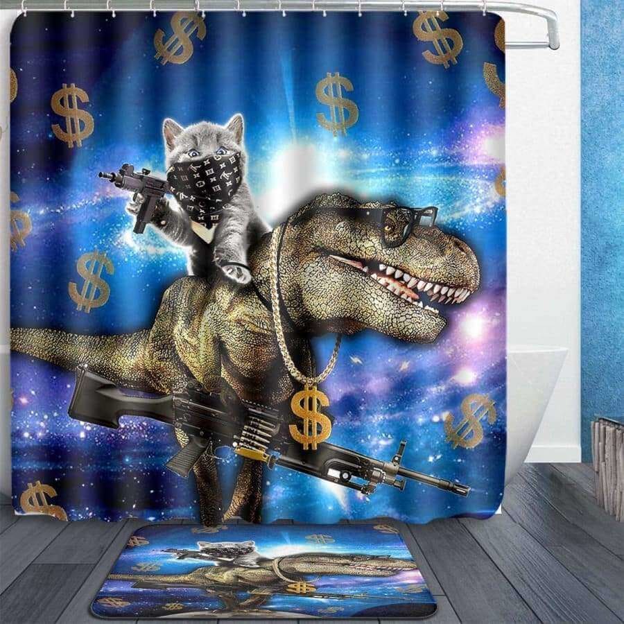 Thug Cat & Space Dinosaur Shower Curtain